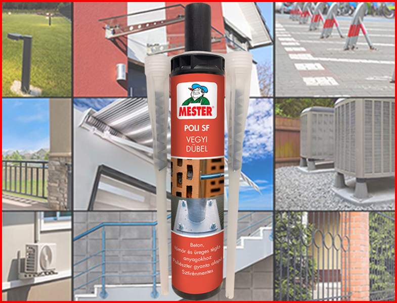 A MESTER POLI SF Vegyi Dübellel csavarokat/menetes szárakat rögzíthetünk repedésmentes betonba, illetve tömör és üreges tégla falazatokba